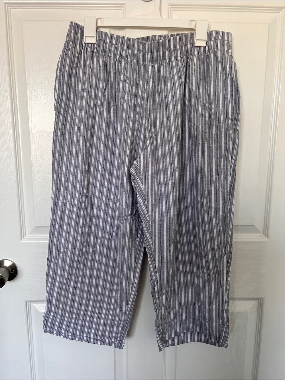 Womens Blue Stripe Casual Linen-Blend Pants